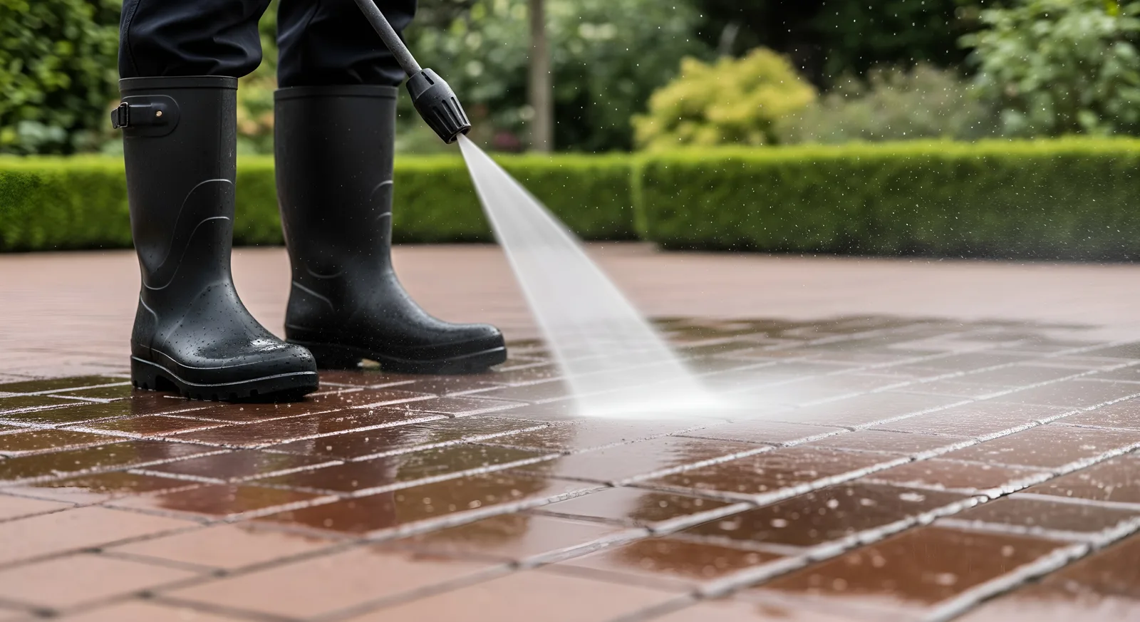 Pressure washer rinsing dirt off a brick patio beside a clipped hedge