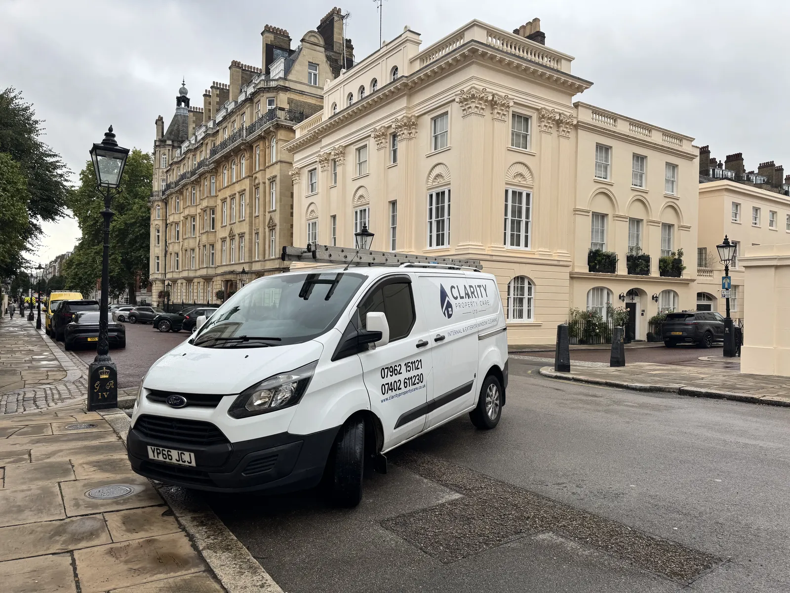 The Clarity Property Care van parked outside a white stucco terrace near Regent's Park